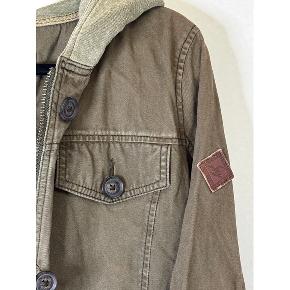 VTG‎ Hollister Utility Chore Jacket L Hood Army Green Zip Button Y2K Grunge - Picture 13 of 16